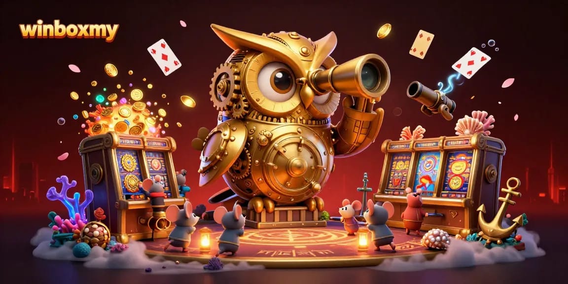 Experience the thrill of winboxmy with vibrant casino elements and a golden owl overseeing the action.