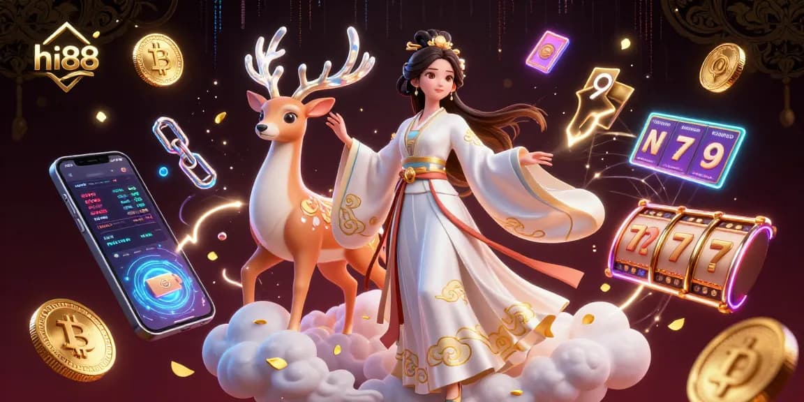 Bet on hi88 for thrilling casino games with vibrant 3D illustration of a modern hanfu Asian woman.
