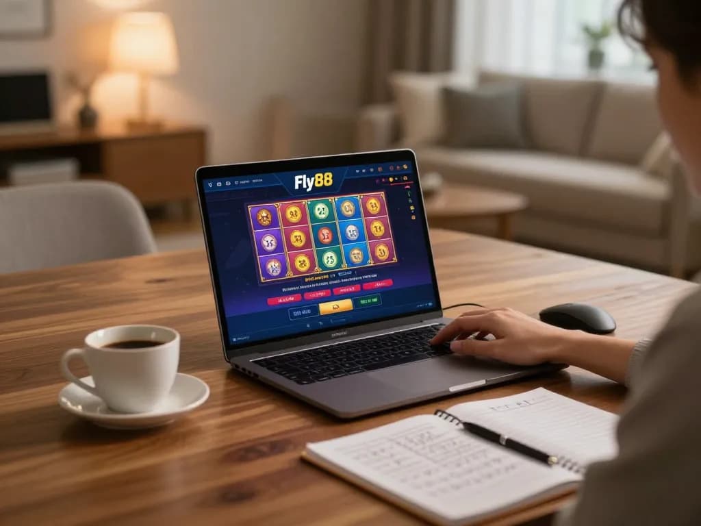 Player engaging with Fly88 online casino, showcasing laptop and colorful game interface