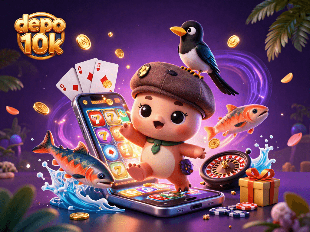 Experience the thrill of depo 10k as adorable cartoon characters play amidst vibrant casino elements.
