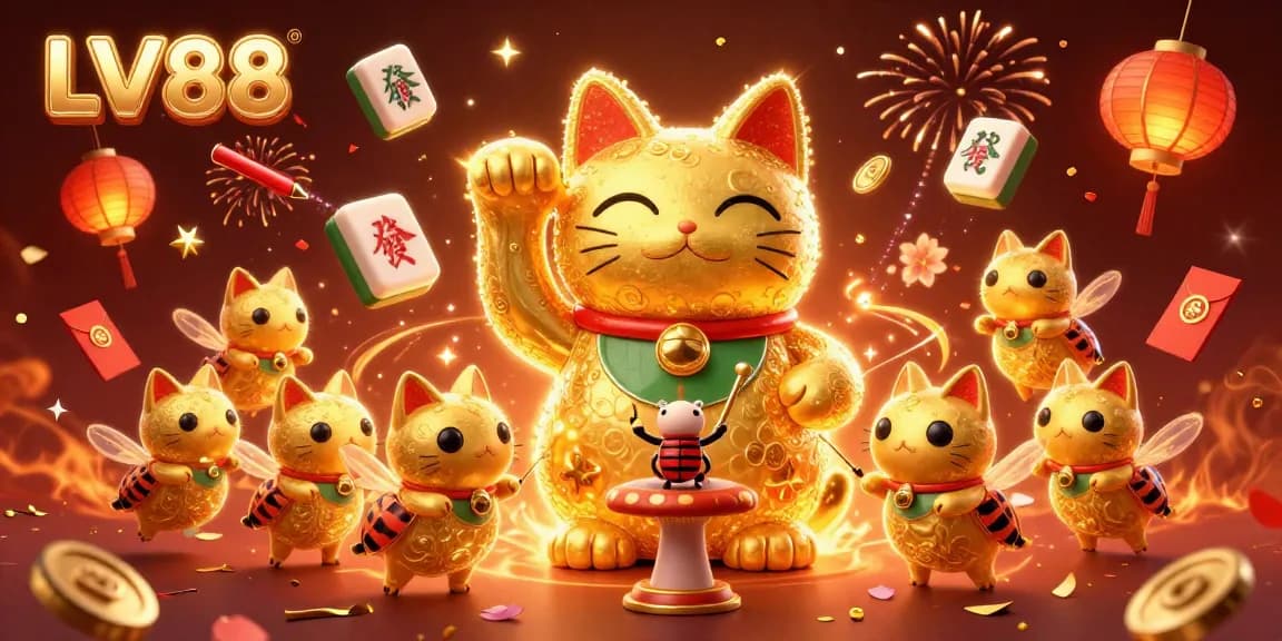 Experience LV88's vibrant casino world with a golden lucky cat and dynamic gambling symbols.