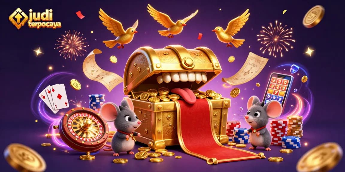 Memenangkan permainan judi terpercaya dengan simbol keberuntungan, chip poker, dan koin emas.