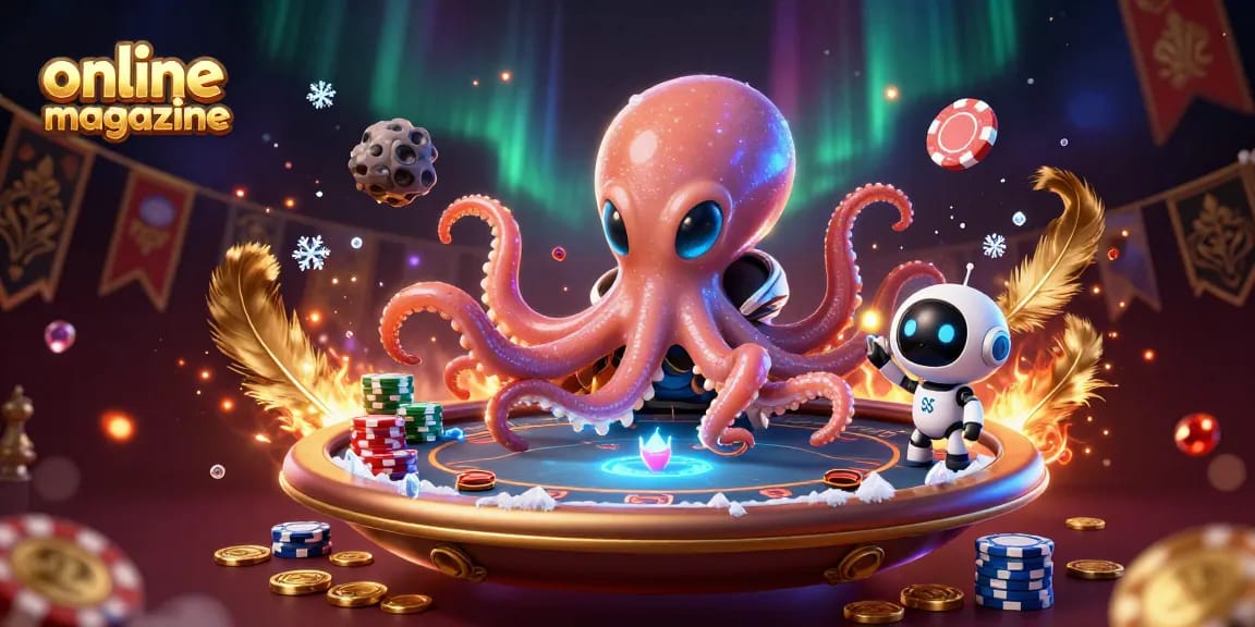 Illustration of a vibrant 3D online magazine scene featuring a poker-playing alien octopus.