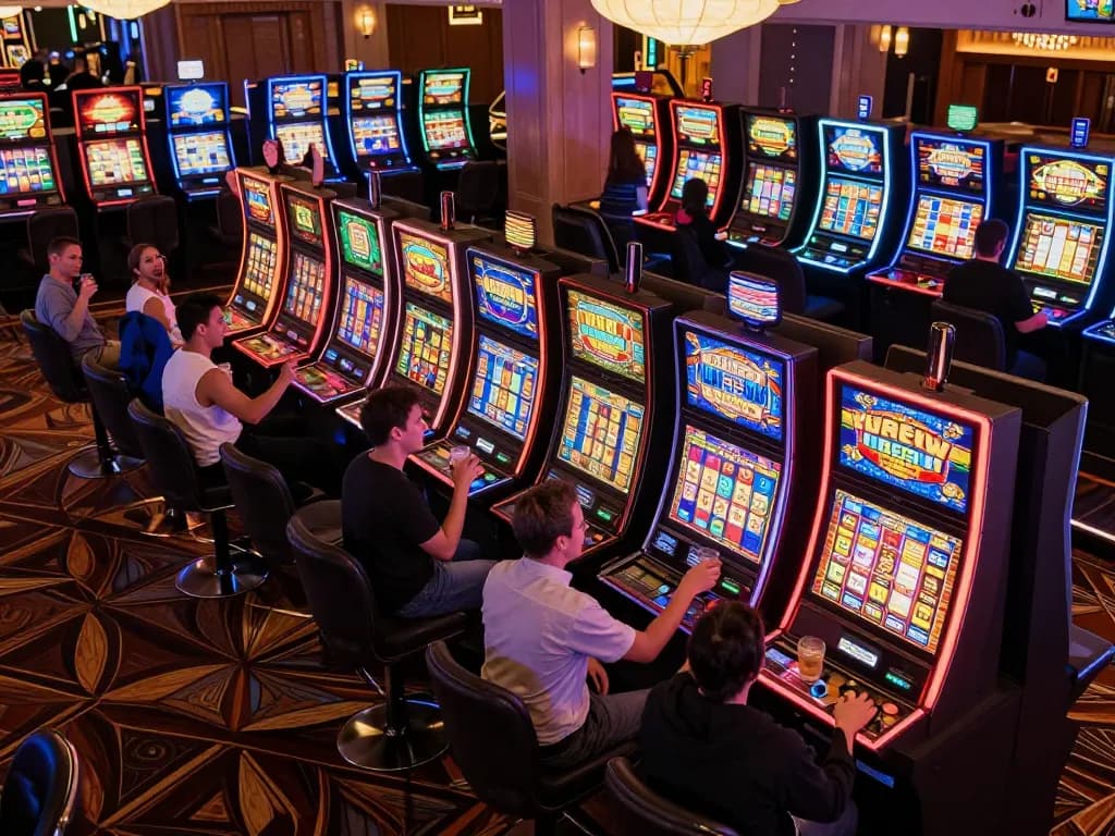 Players engaging in slot bet 100 at a vibrant casino slot machine area.