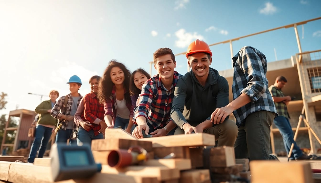 Dynamic scene of a construction apprenticeship where individuals learn essential skills amidst a worksite.