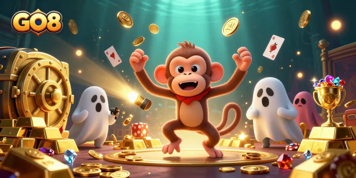 Join the GO8 adventure in a haunted casino, where a mischievous monkey juggles treasures while a curious puppy hunts ghosts.
