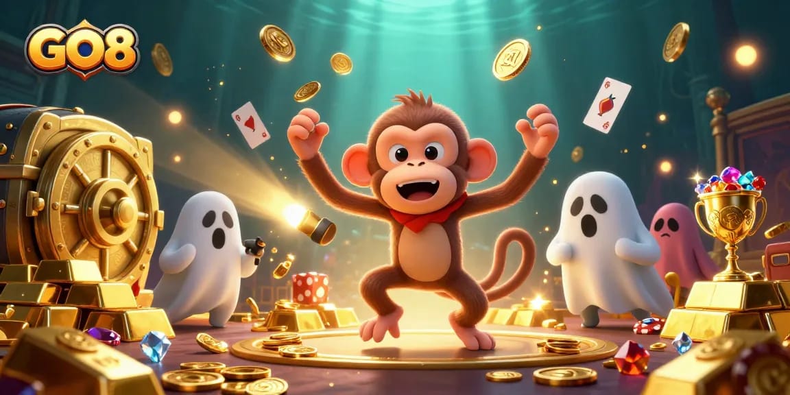 Join the GO8 adventure in a haunted casino, where a mischievous monkey juggles treasures while a curious puppy hunts ghosts.