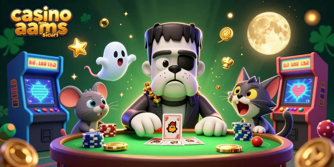 Giocando in un casino non AAMS sicuri, un bulldog mostruoso distribuisce carte con un topo fantasma tra le fiches.