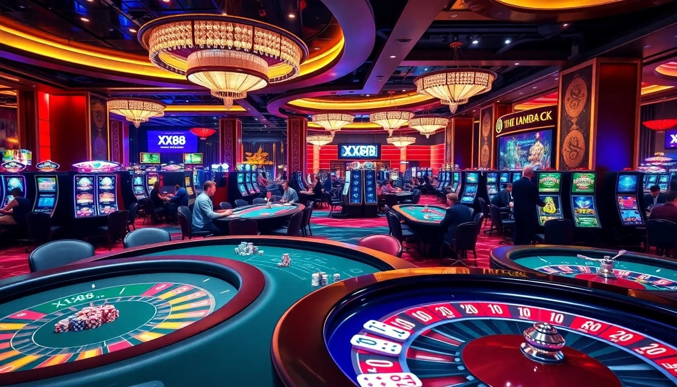 Engaging players at a luxurious XX88 casino, showcasing vibrant gaming tables and slot machines.