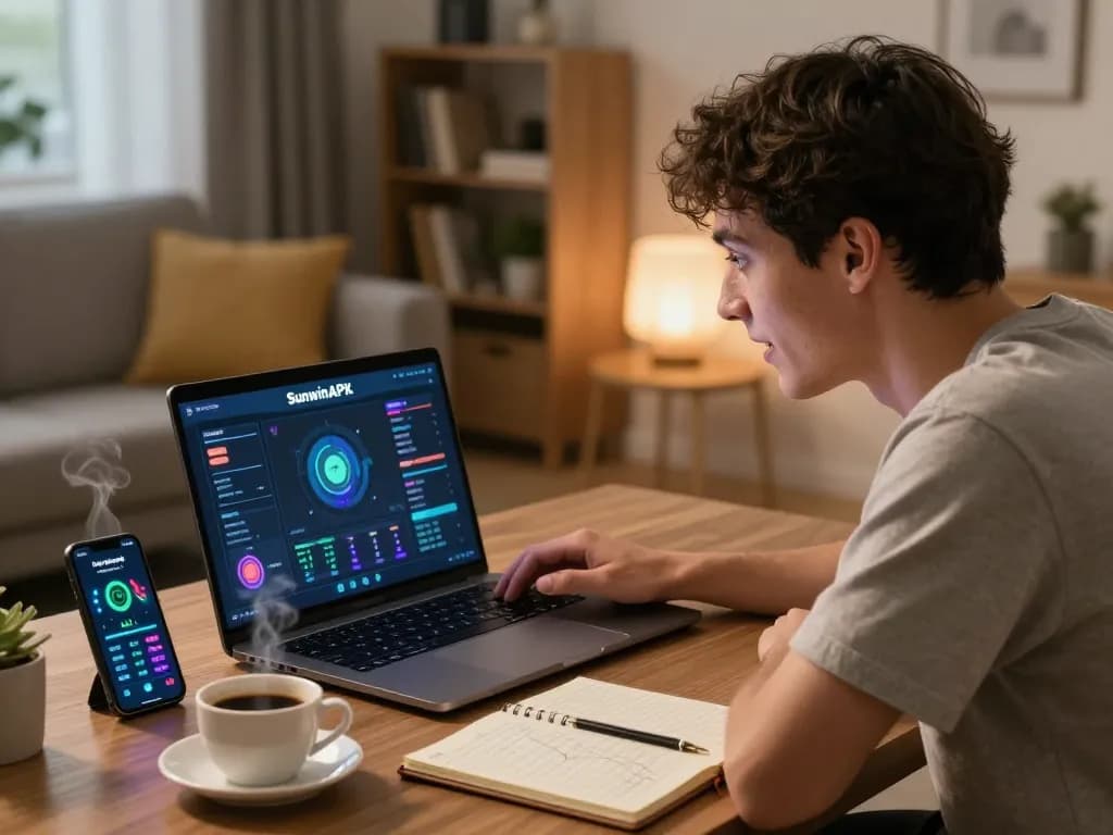 Engaging player using SunwinAPK on laptop for online gaming in a cozy home setting.