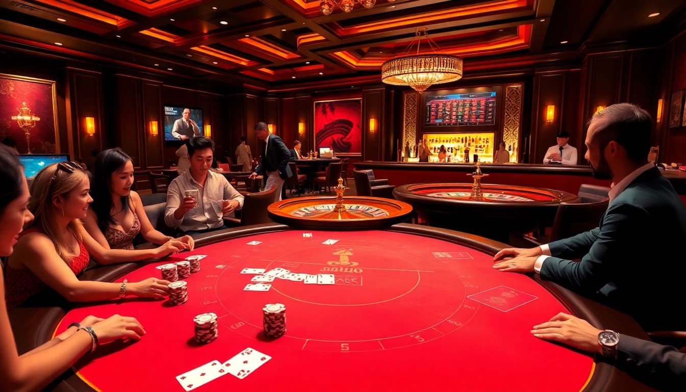 An engaging scene of players enjoying gambling activities at bk8vn.io casino, showcasing poker, roulette, and vibrant atmosphere.