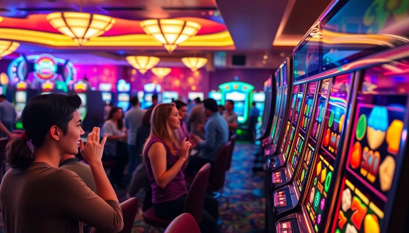 Experience the thrill of situs slot online terbaru with engaging slot machines in a bustling casino environment.