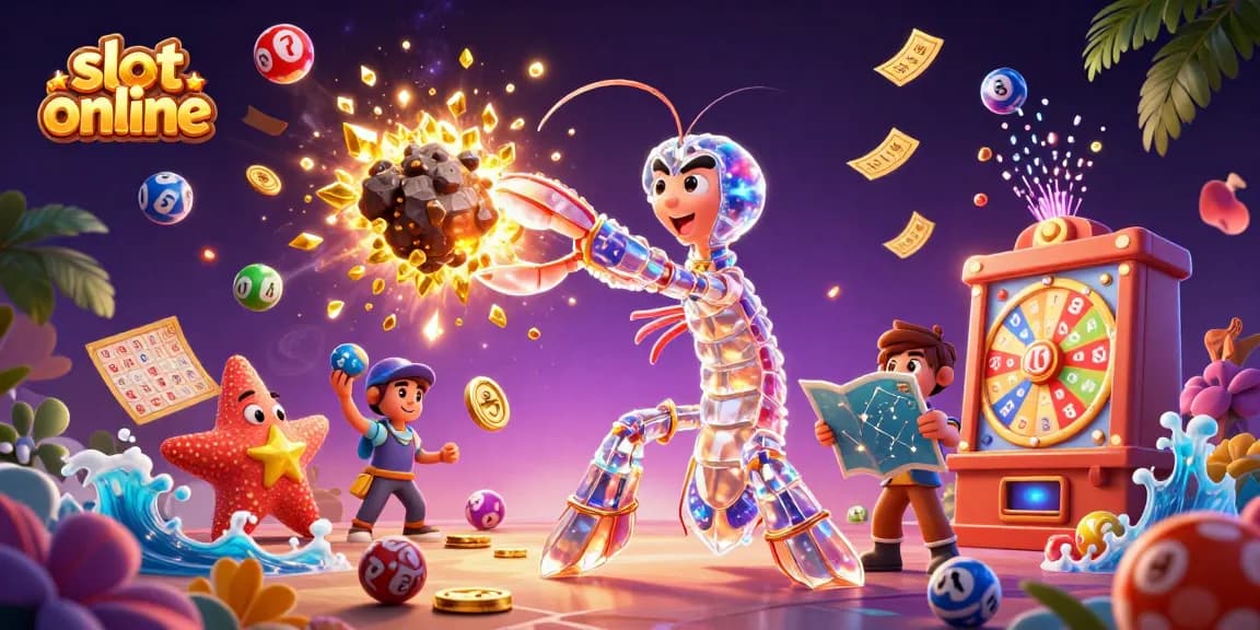 Gambar slot online yang menunjukkan legenda samurai mantis menyerang batuan luar angkasa dengan karakter bintang di tengah, di sekelilingnya terdapat bola lotere berwarna-warni.