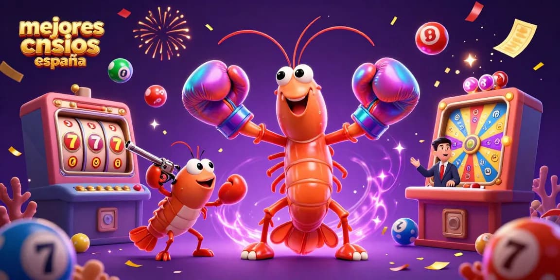 Ilustra los mejores casinos online en España con elementos de juego dinámicos y personajes vibrantes.