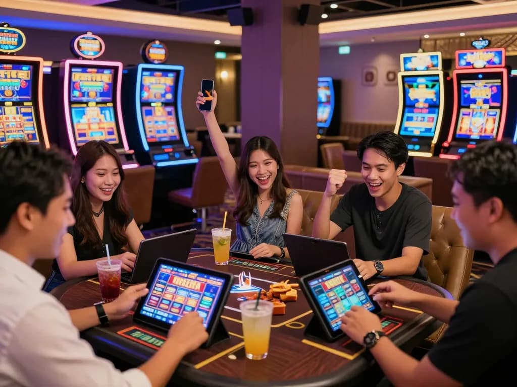 Group of friends enjoying slot gacor hari ini in a vibrant casino setting with games and snacks.