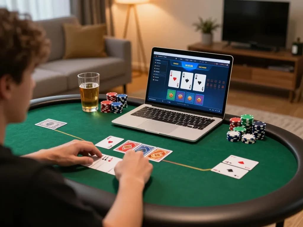 Play poker online with 388bet at home, enjoying a strategic gaming session on laptop.