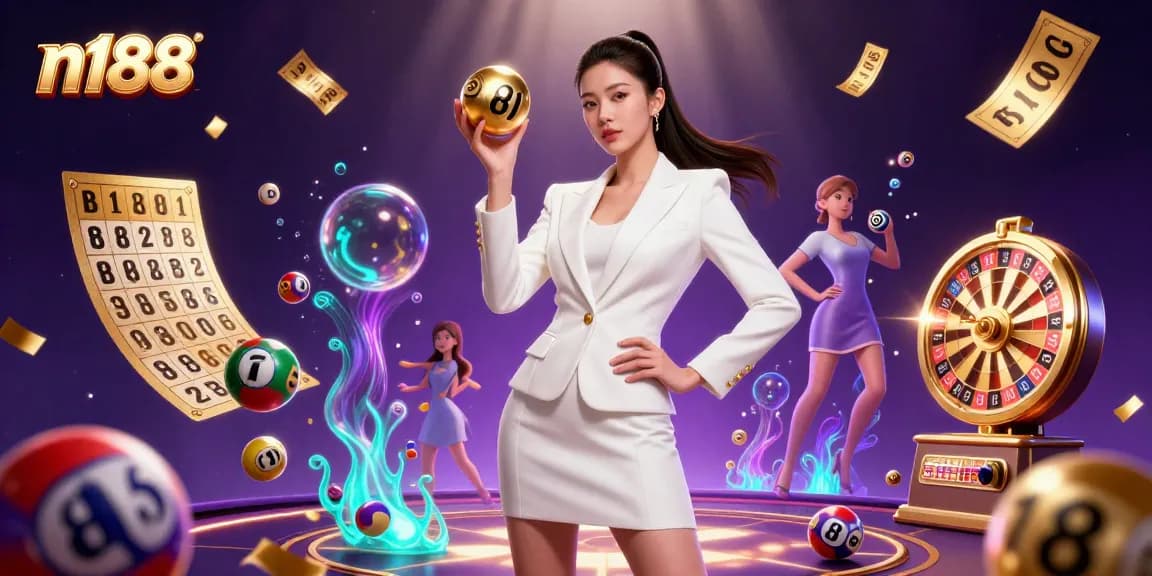 Experience the excitement at n188 with a stunning casino illustration featuring vibrant games and glamorous elements.