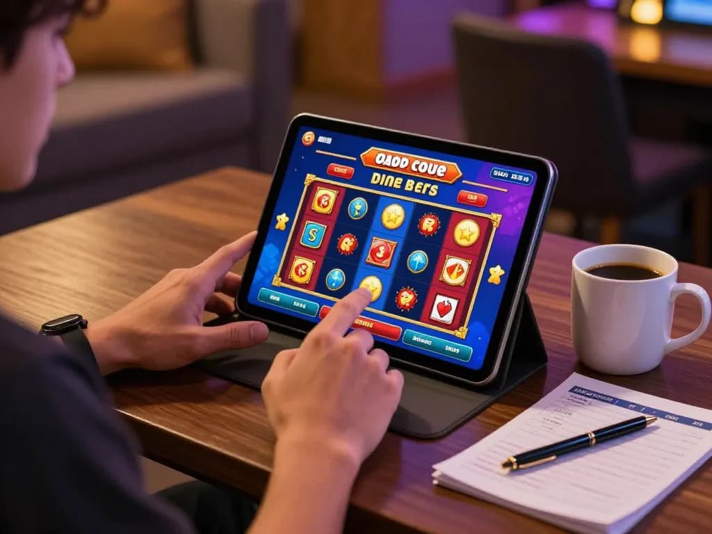 Playing slot gacor sore ini on a tablet, vibrant gaming scene capturing the excitement and engagement of online gambling.