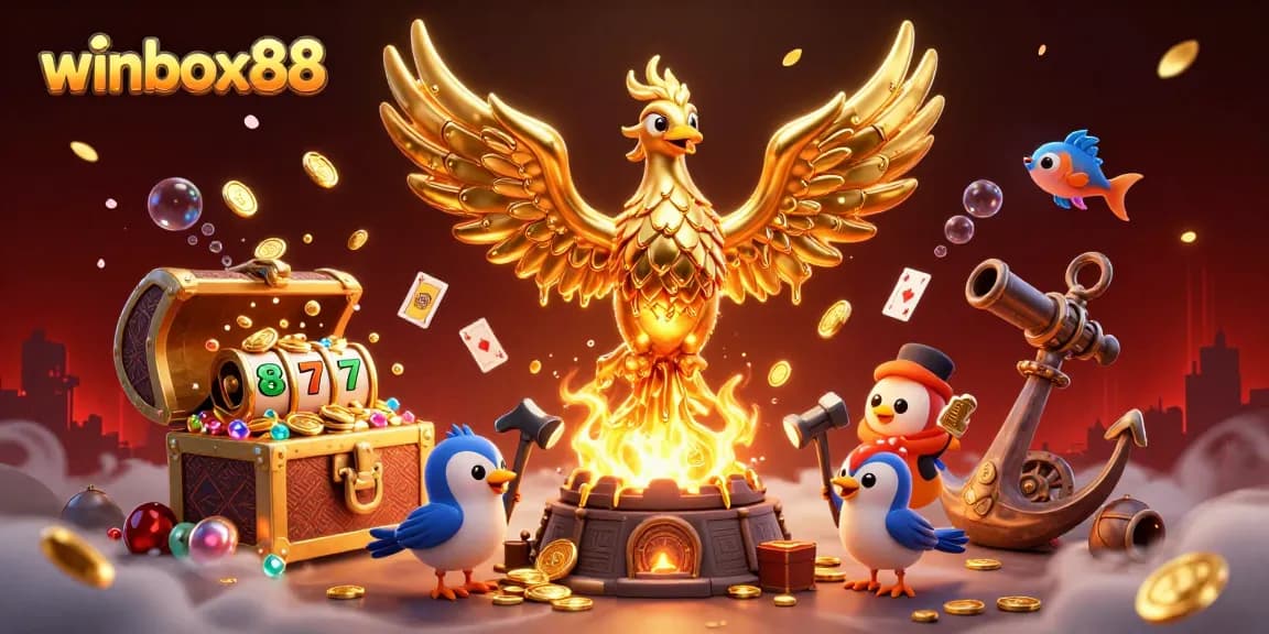 Winbox88 features a golden phoenix and slot elements for an engaging casino experience.