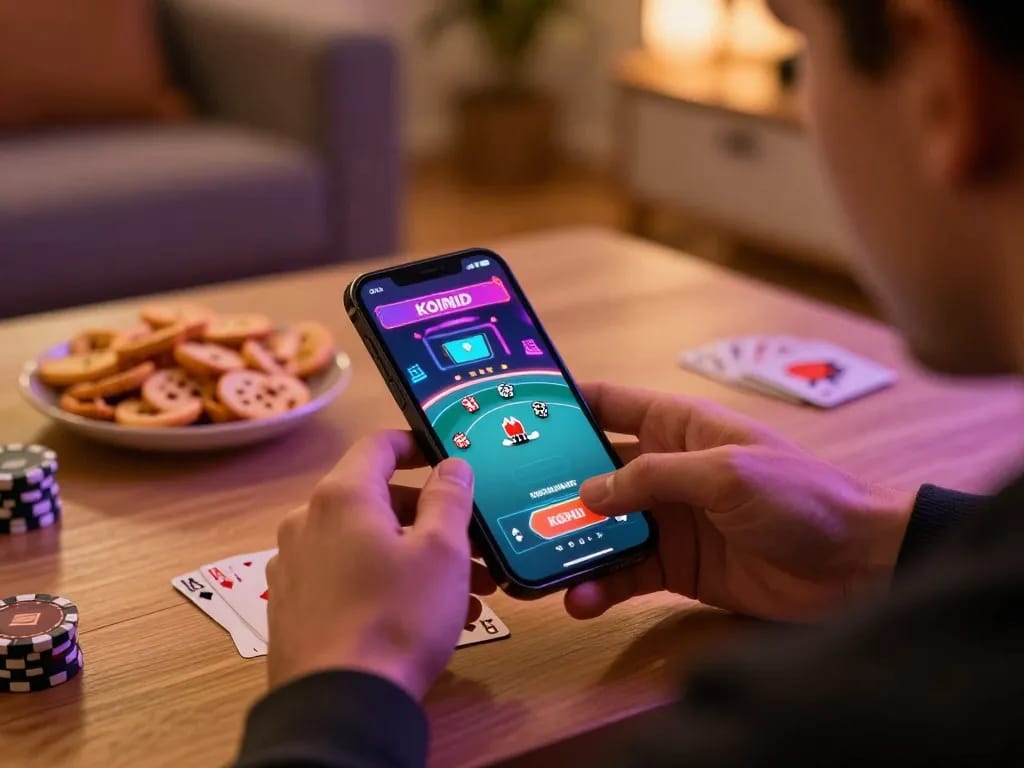 KOINID user celebrating a win during online poker gameplay with vibrant casino-style ambiance.