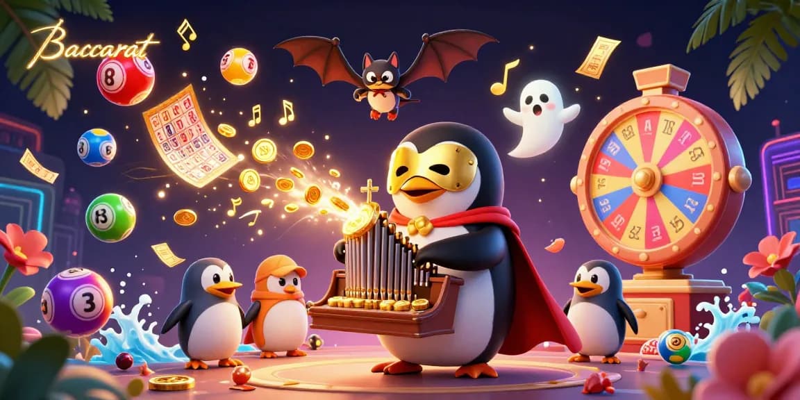 Baccarat penguin playing organ amidst golden coins and lively bingo elements in a vibrant casino scene.