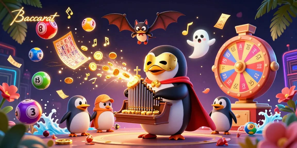 Baccarat penguin playing organ amidst golden coins and lively bingo elements in a vibrant casino scene.