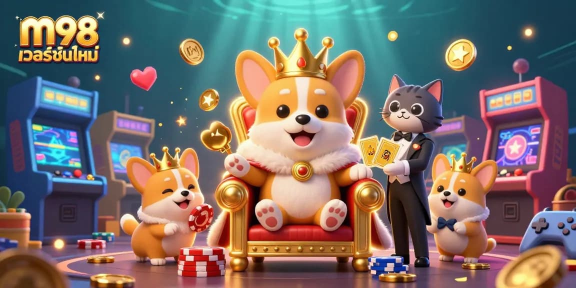 Play the latest m98 เวอร์ชั่นใหม่ with vibrant casino art showcasing exciting gaming action and colorful elements.