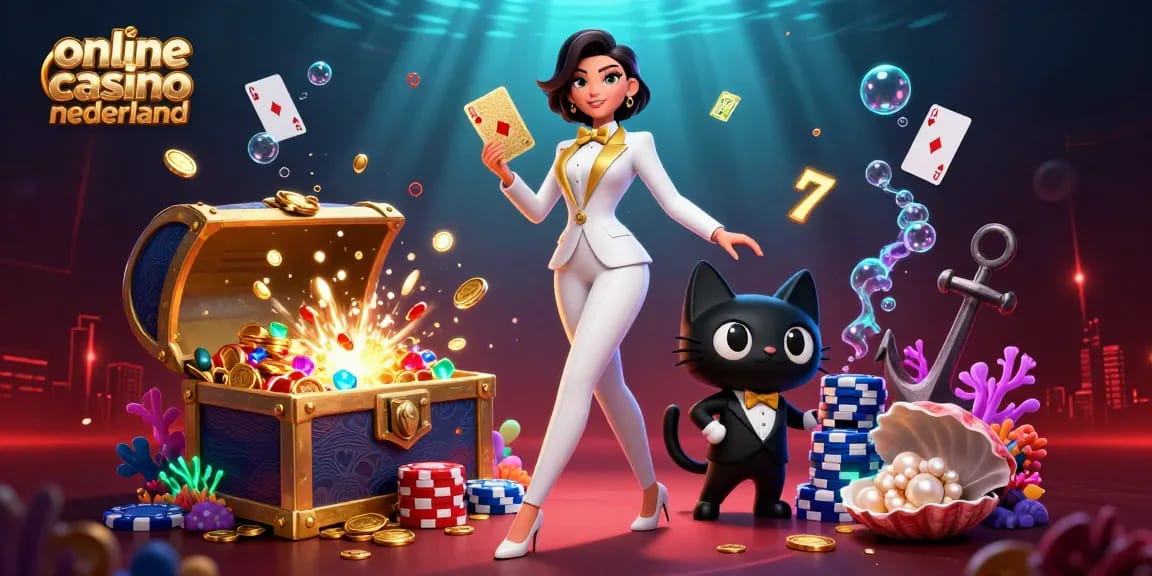 Engaging online casino nederland illustration showcasing a glamorous woman shuffling cards beside a stylish cat.