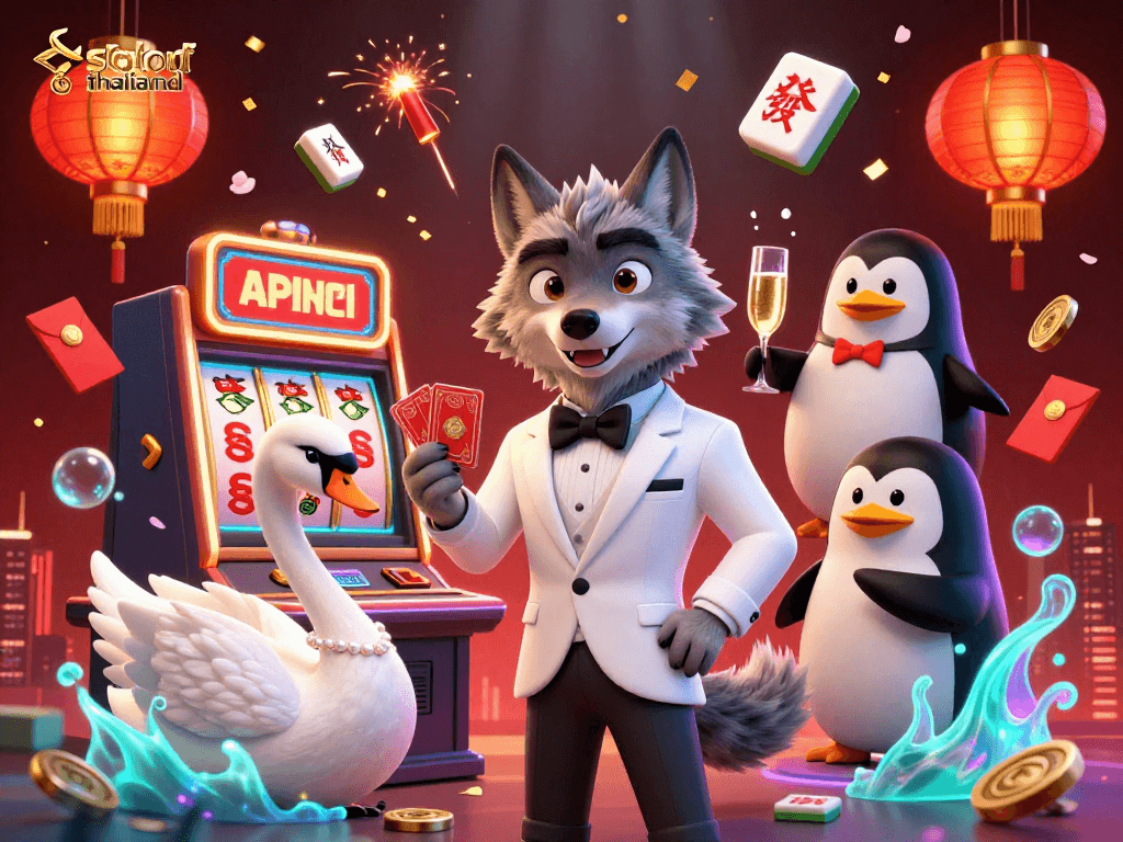 Experience slot thailand thrills with a debonair wolf, swan dealer, and penguin sommelier in a vibrant casino scene.