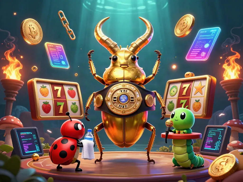 Engage in slots action with a golden stag beetle champion, ladybug corner-man, and fruit symbols surrounding them.