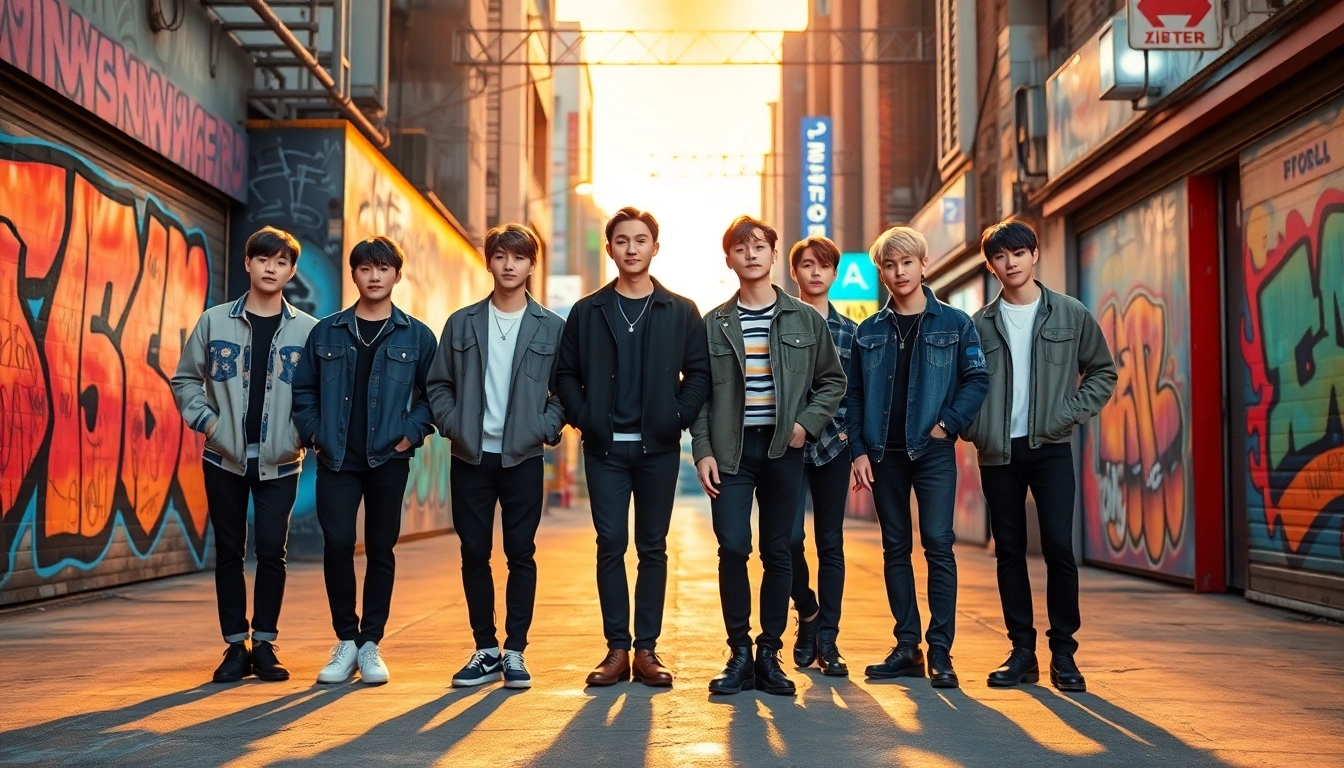 A vibrant portrait of BTS members showcasing their unique styles against a colorful urban backdrop.