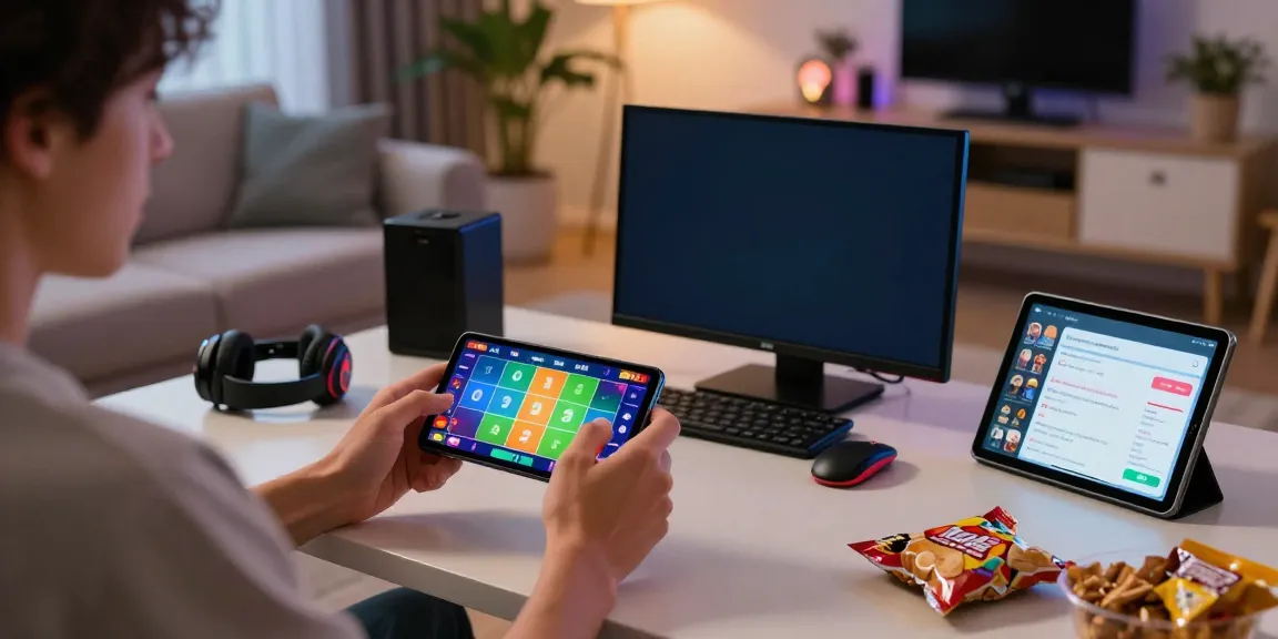 Engaged gamer focusing on Dm first apk download on mobile in a cozy living room environment.