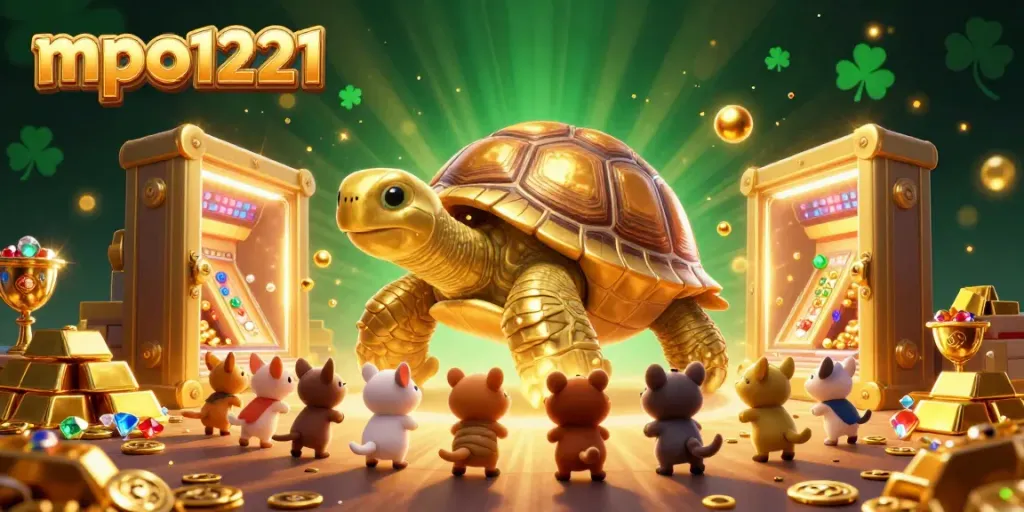 Engage in exciting gameplay with mpo1221, featuring a vibrant golden tortoise pinball machine and treasures.