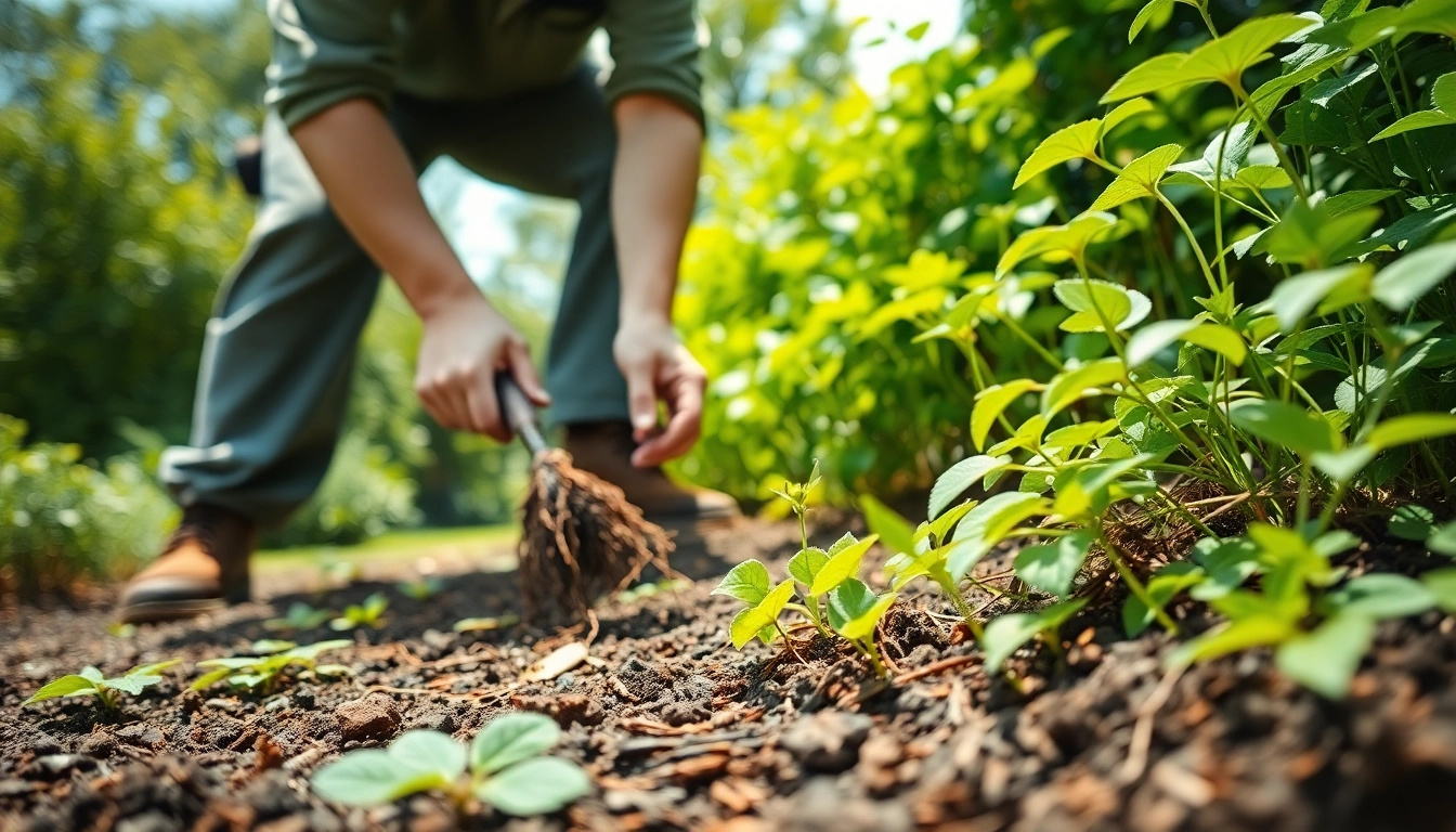 Expert in Japanese Knotweed Removal using tools to eradicate strong invasive plants from a vibrant garden.