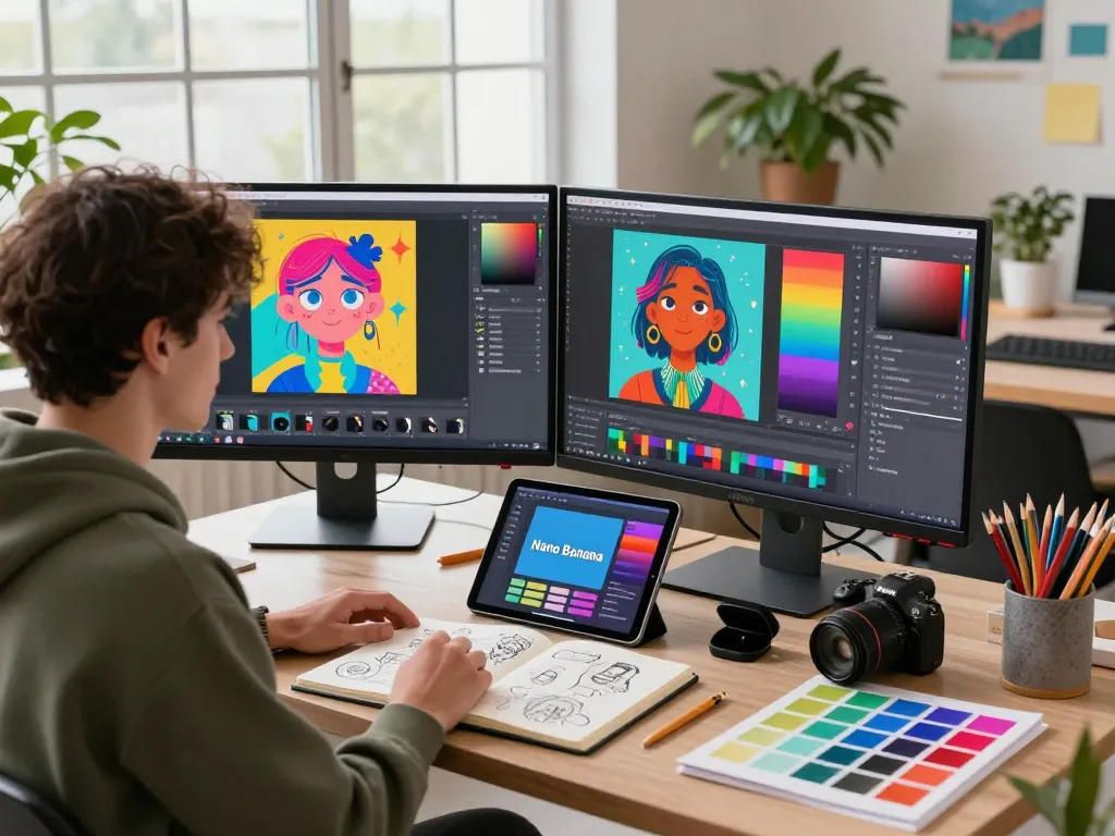 Designer using the Nano Banana AI image editor in a vibrant digital art studio, showcasing creative tools and AI-generated visuals.