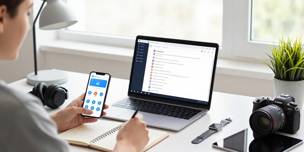Explore the latest features of Telegram中文版下载 on multiple devices in a modern workspace.