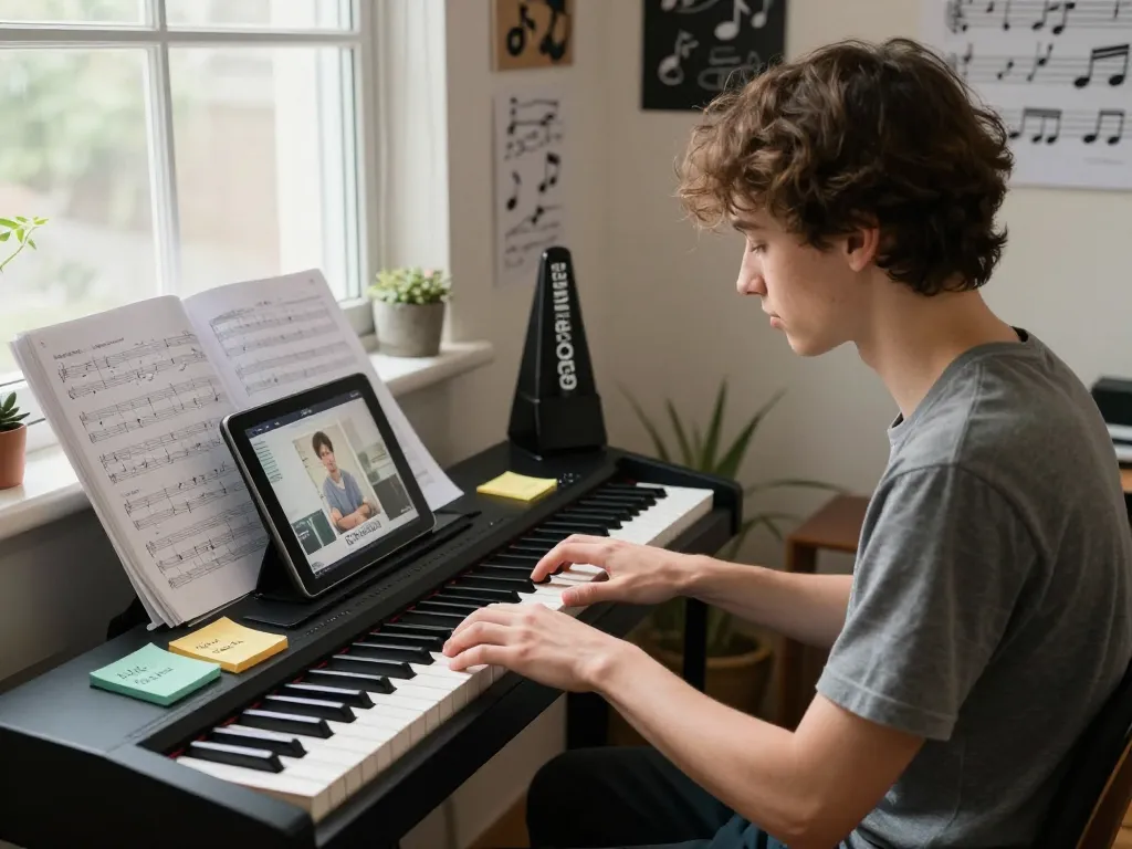 Aspiring musician practicing on go 88 piano in a cozy home studio, surrounded by sheet music and a tablet tutorial.