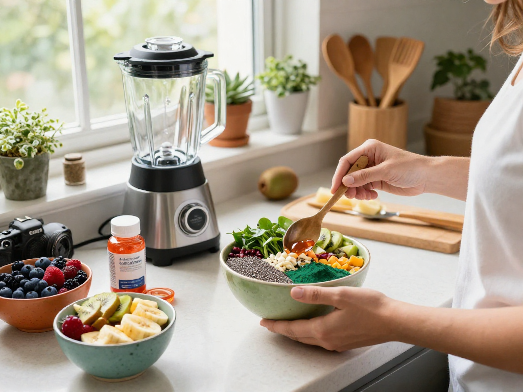 Health-conscious individual preparing a smoothie bowl with astaxanthin softgels on kitchen counter filled with fresh ingredients.