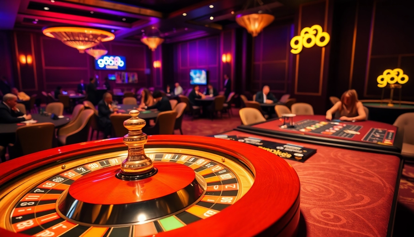 Good88 casino atmosphere showcasing roulette and card games, evoking luxury and excitement.