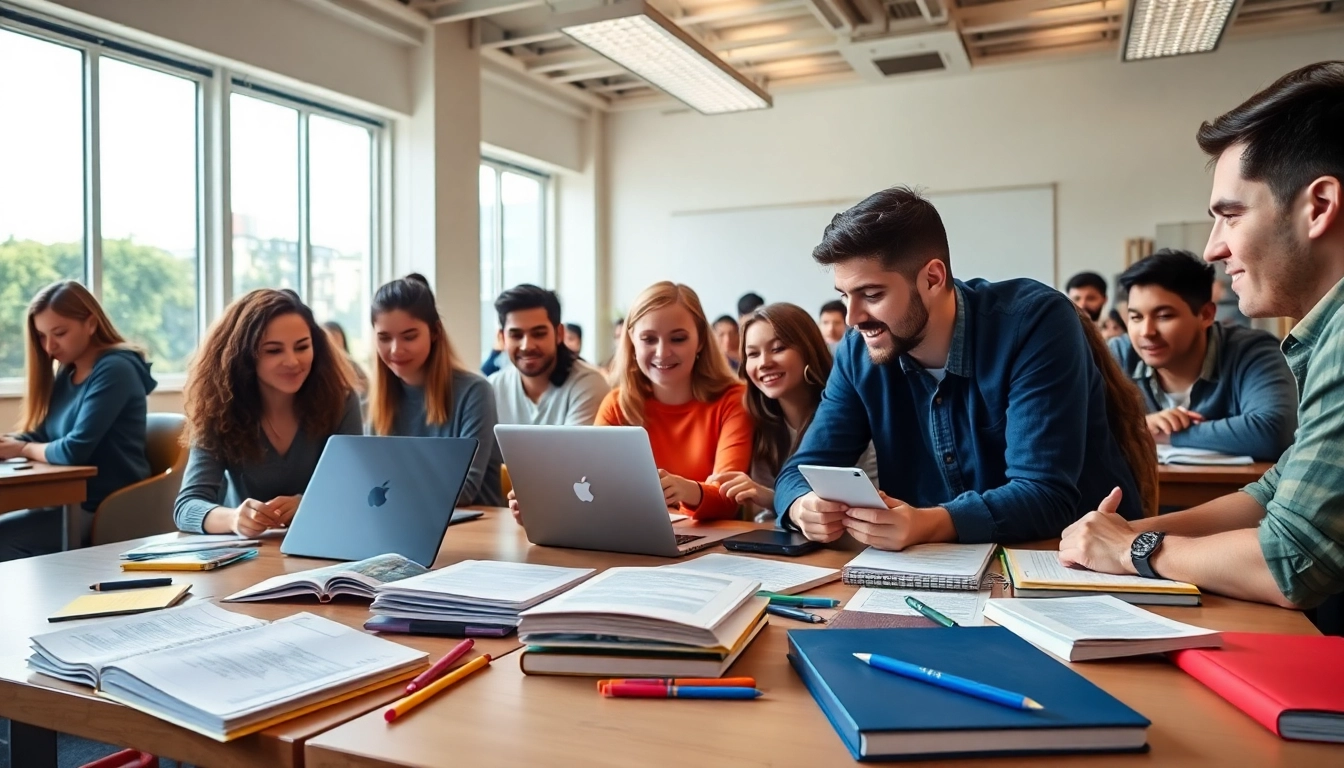 Engage with Education through collaborative student interactions in a vibrant classroom setting.