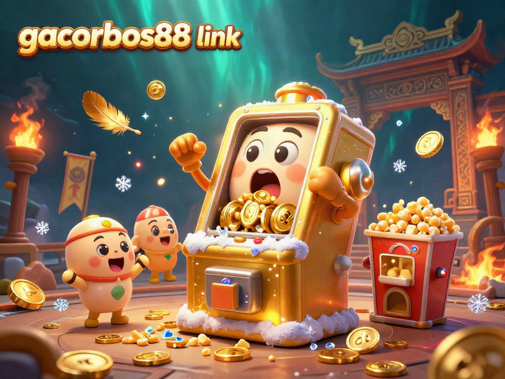 Celebrate the excitement of winning with gacorbos88 link at this vibrant cartoon slot machine casino scene.