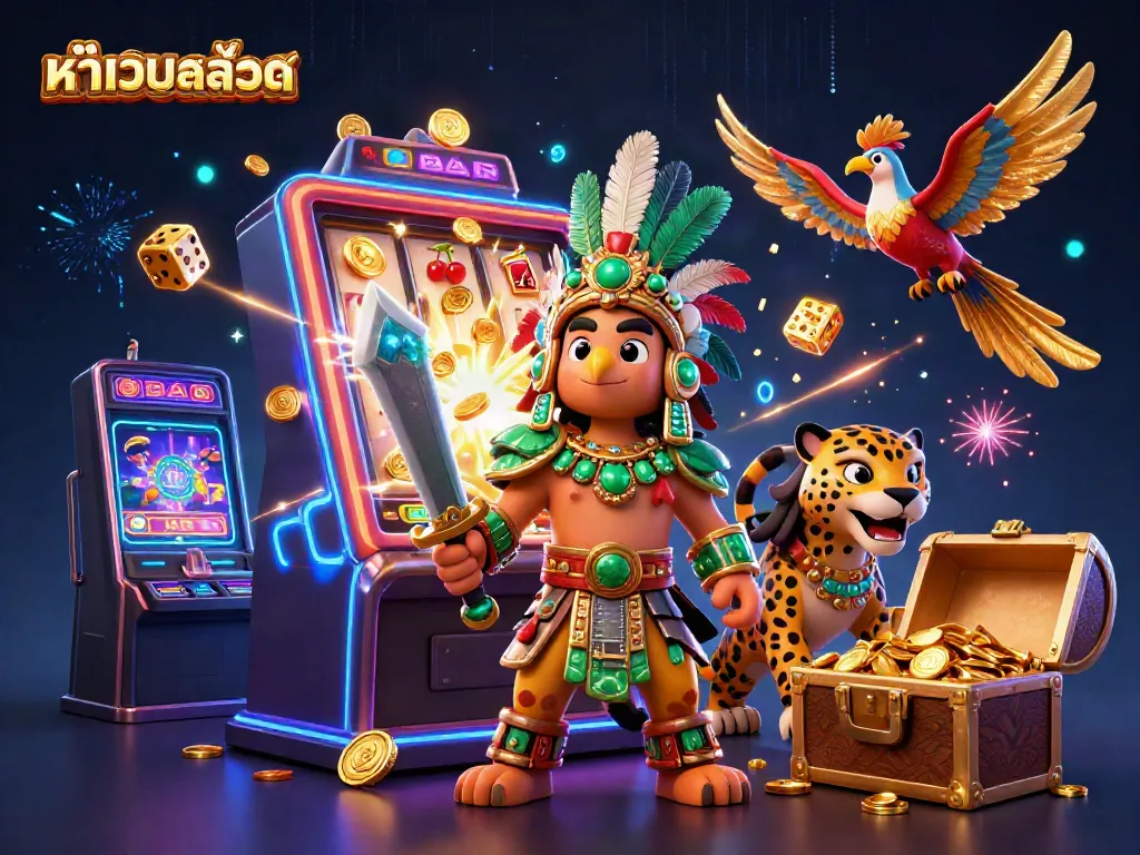 Engage with the vibrant scene of หน้าเว็บสล็อต featuring Aztec characters amid jackpot-filled celebrations and casino games.