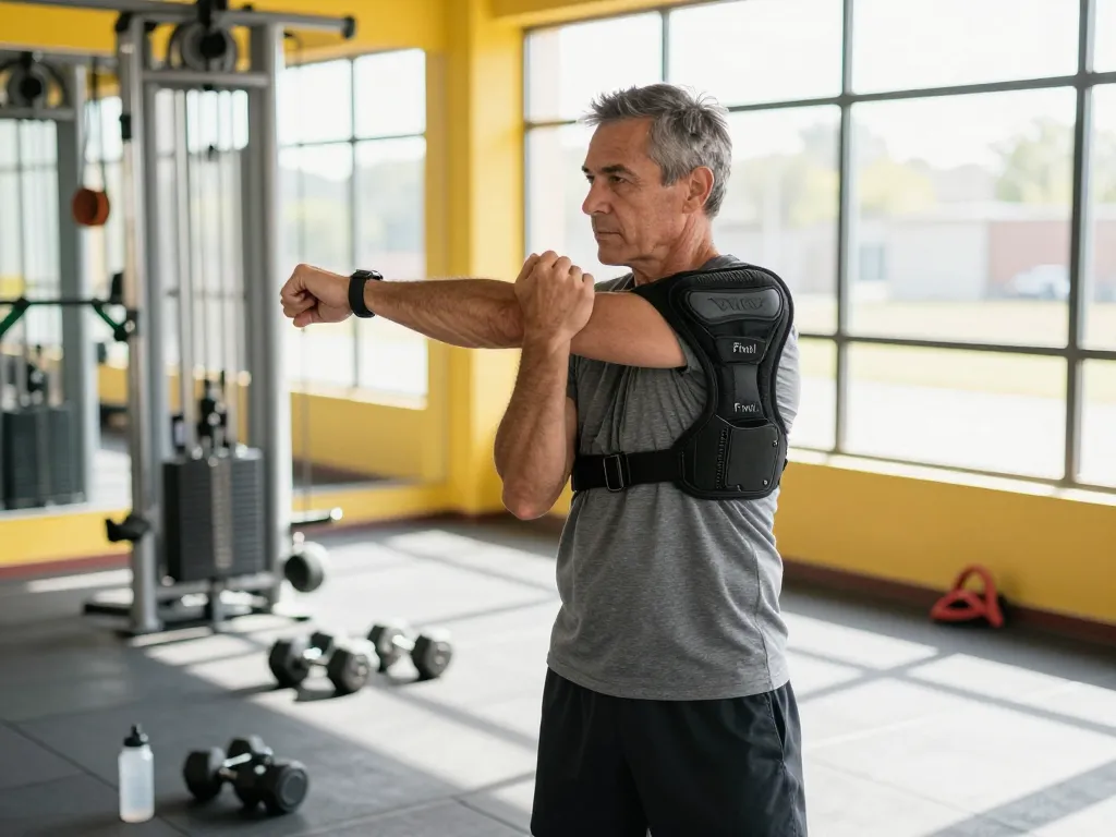 Active man using the best double shoulder support brace during a workout in a bright gym, promoting pain relief and support.