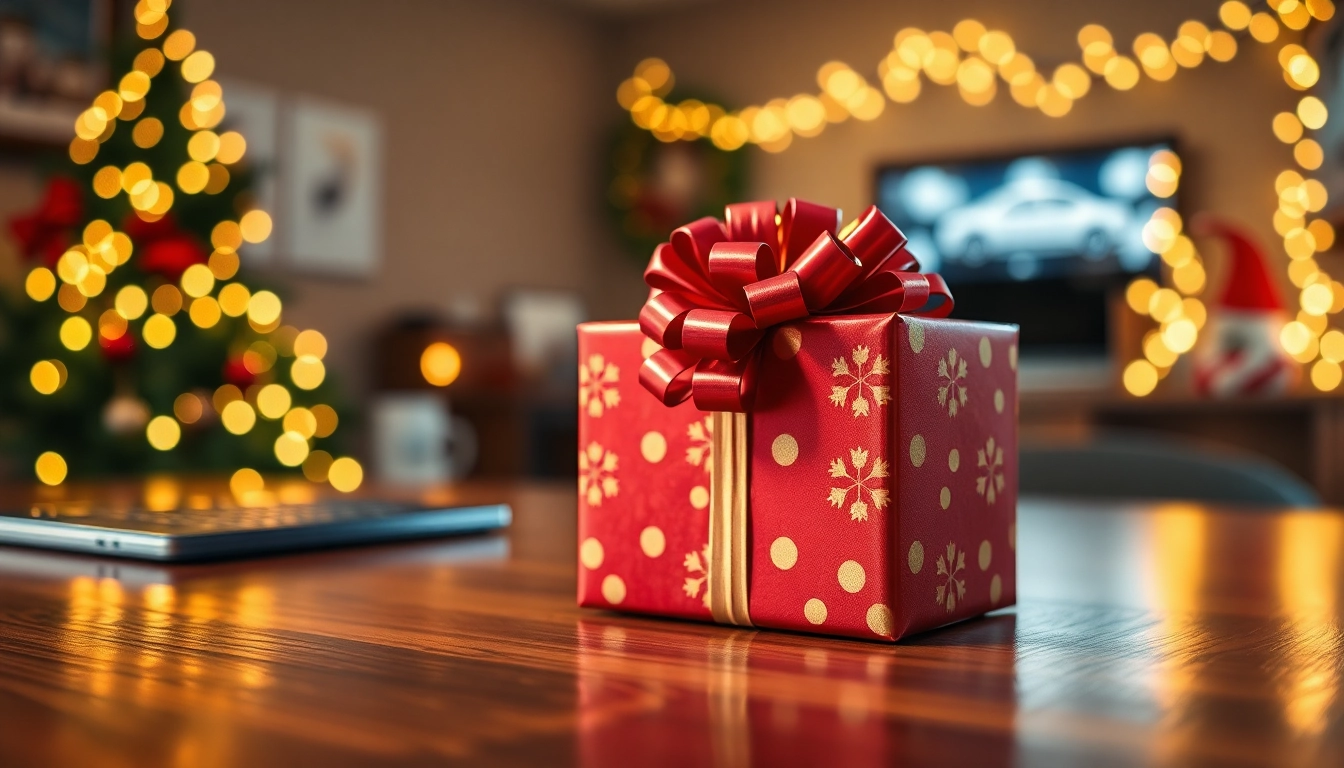 Christmas car detailing gift beautifully presented with festive wrapping and holiday lights.