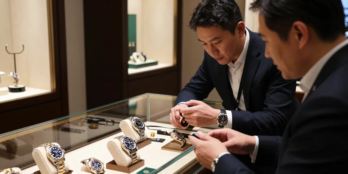 Showcasing luxury rolex replicas in an elegant boutique environment, featuring models like Submariner and Daytona.