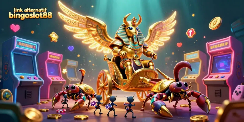 Kemenangan besar dengan link alternatif bingoslot88, ilustrasi kasino yang memukau dan kaya warna.