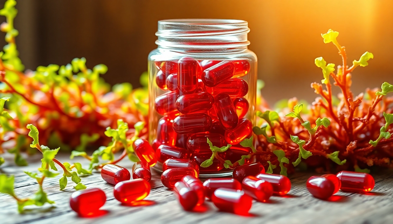 Vibrant astaxanthin softgels in a clear jar, highlighting their health benefits.
