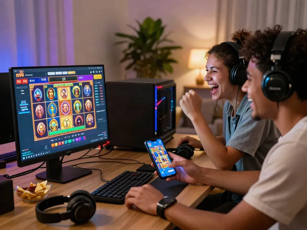 Friends celebrating a win while playing slot maxwin on a computer and smartphone in a cozy living room.