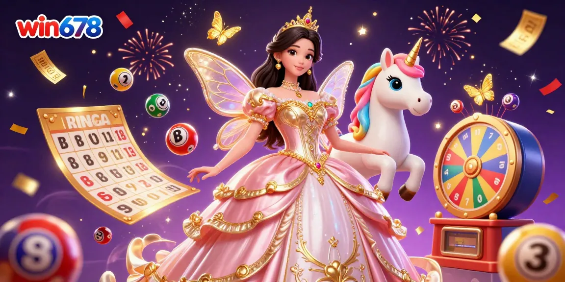 Engage with exciting win678 gaming, featuring a glamorous woman and golden unicorn in a vibrant lottery scene.