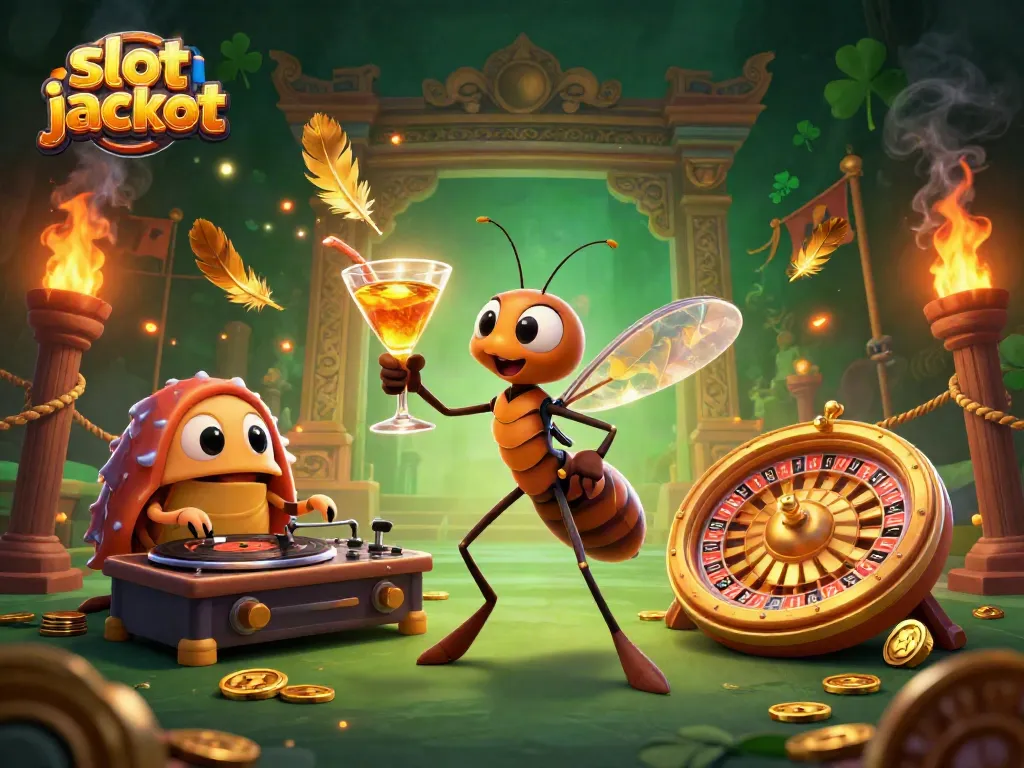 Engage in the thrilling atmosphere of slot jackpot with lively characters and dynamic casino elements.